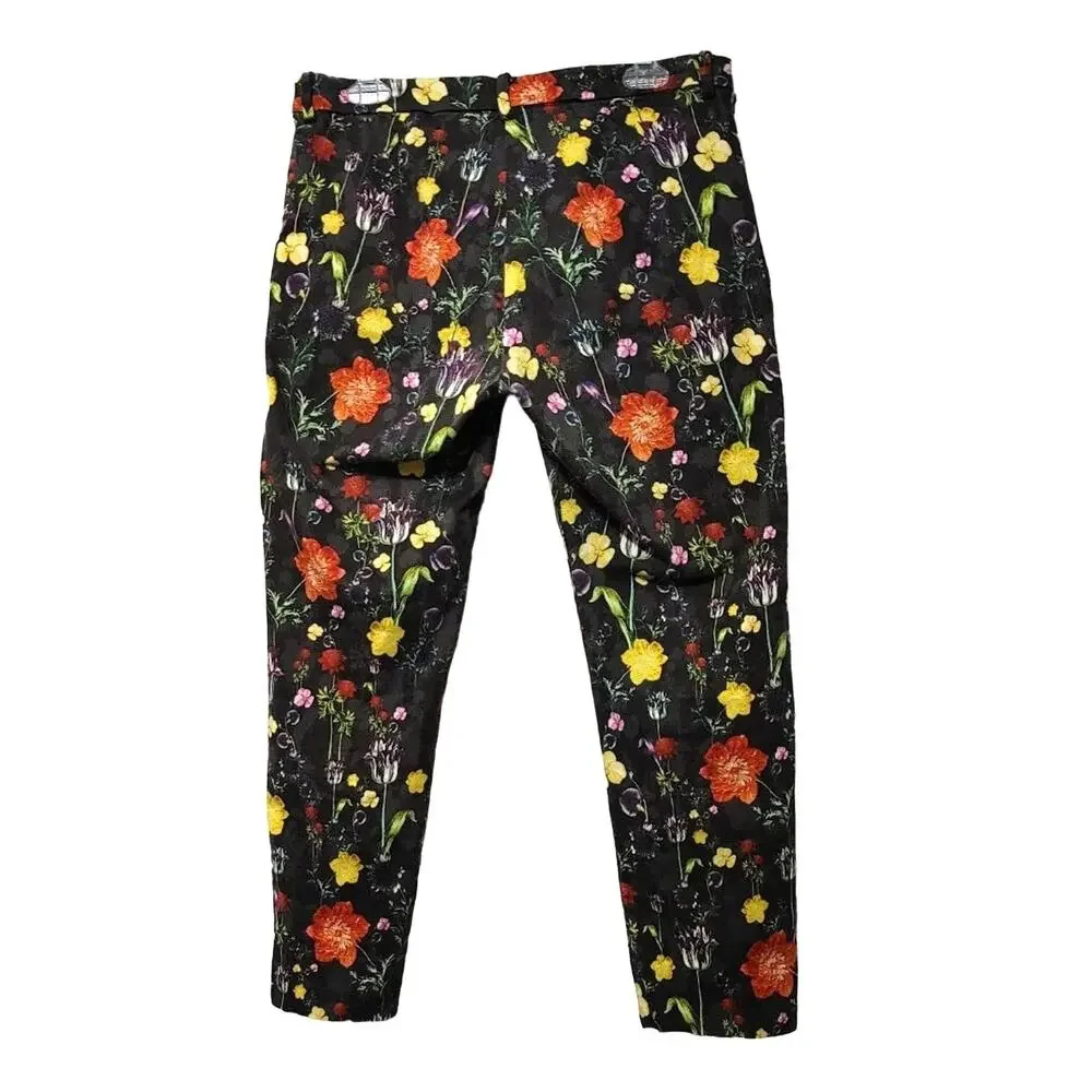 H&M Patterned Cigarette Trousers Skinny Ankle Pants Black Floral Womens Size 12